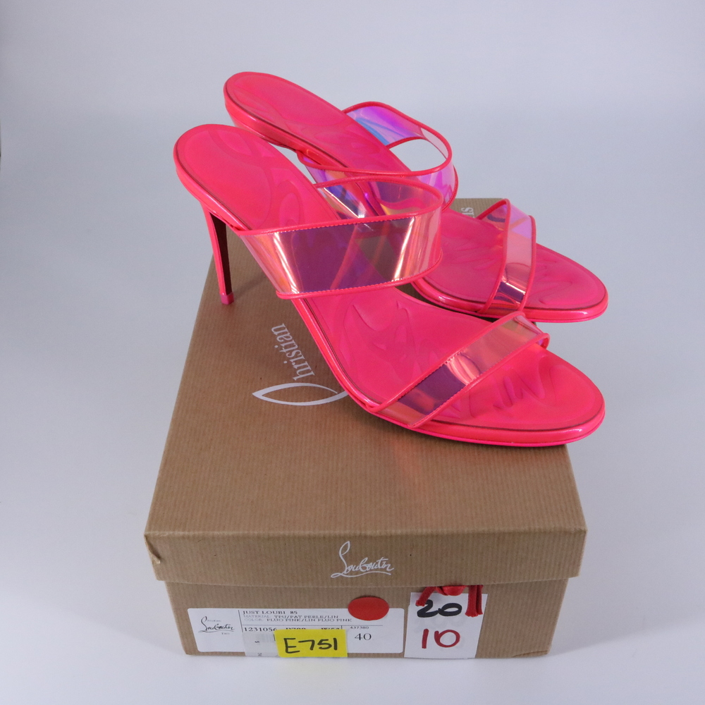 Christian Louboutin 40 Just Loubi 85mm Neon Pink Fluo Barbie PVC Sandals E751 - Picture 2 of 12